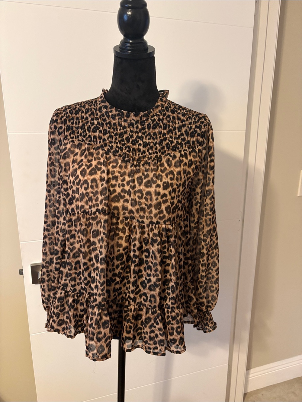 Smocked Leopard-Print Blouse in Brown